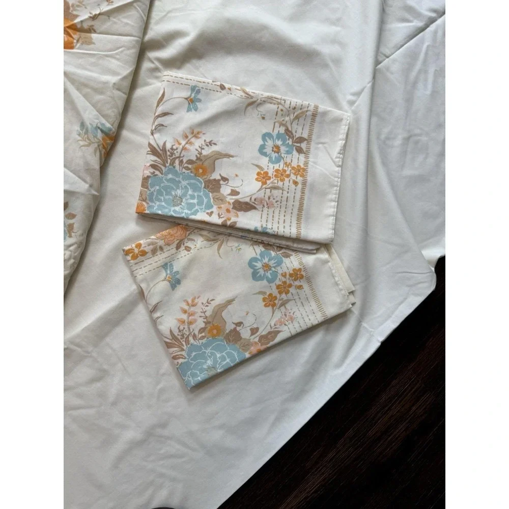 VTG FULL Sheet Set Tan Orange Blue Floral Flowers Tastemaker Percale 70s‎ Hippie